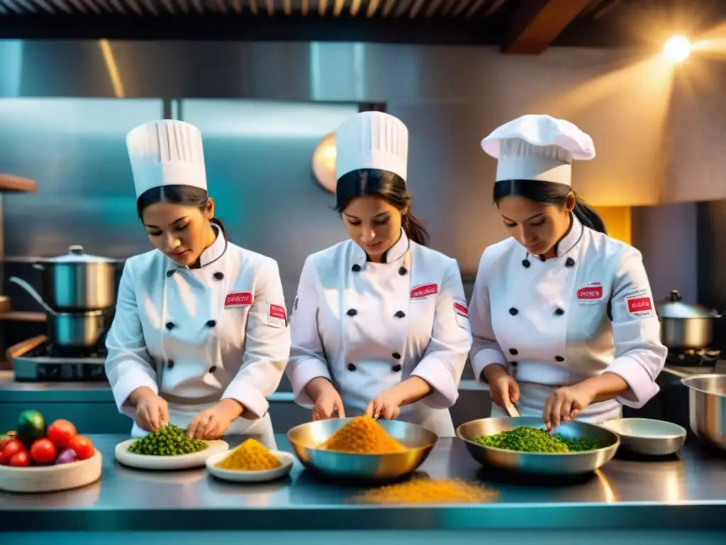 'Grupo de chef mujeres en Perú, preparando platos tradicionales con pasión y dedicación en cocina moderna