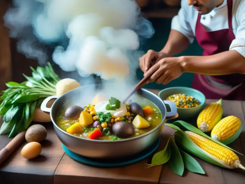 Un grupo de chefs prepara ajiaco de olluco en una cocina peruana