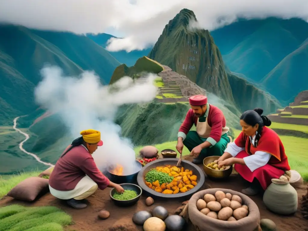 Un grupo de chefs Andinos preparando una Pachamanca en detalle, en una ceremonia gastronómica Andina