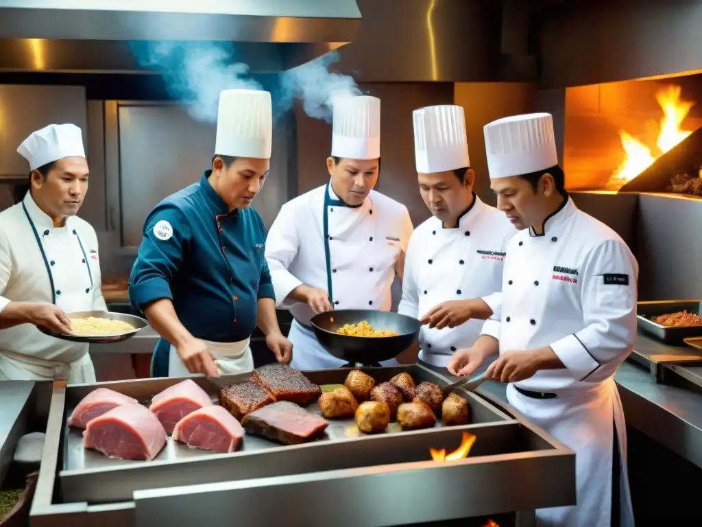 Un grupo de chefs en una cocina peruana moderna, reunidos alrededor de una Caja China en la Cocina, monitoreando el proceso de cocción mientras el humo y el aroma del asado llenan el ambiente