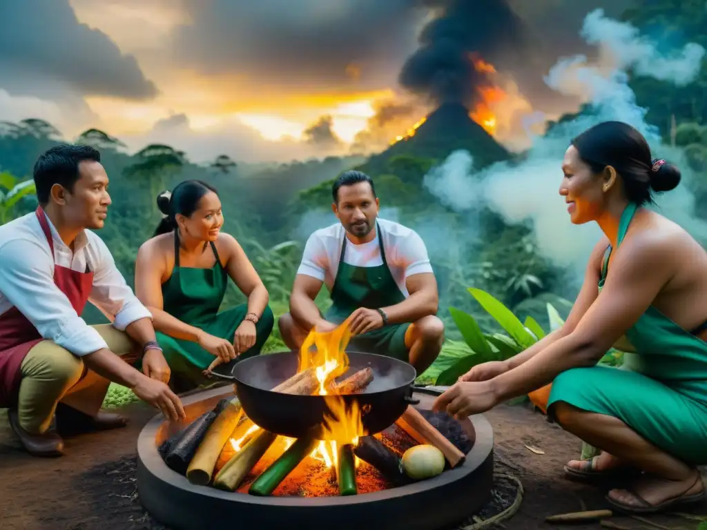 Grupo de chefs indígenas amazónicos en prácticas sostenibles gastronomía amazónica alrededor de fogata en la selva, preparando platos exóticos