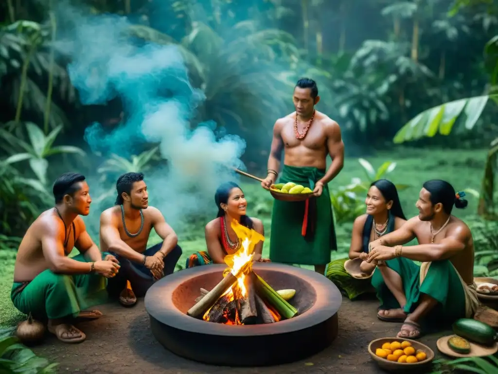 Cocina tradicional amazónica: chefs indígenas preparando manjares Un grupo de chefs indígenas amazónicos preparan platos autóctonos alrededor de una fogata en la densa selva