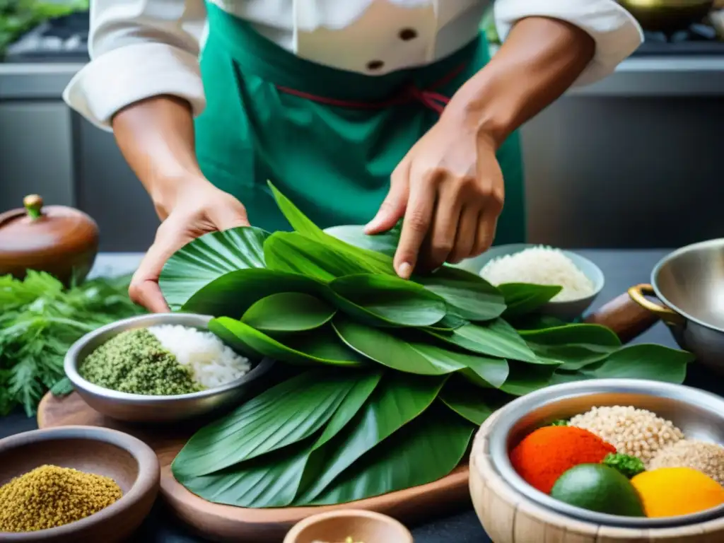 Un grupo de chefs indígenas expertos preparando Juane plato típico amazónico en una cocina tradicional peruana