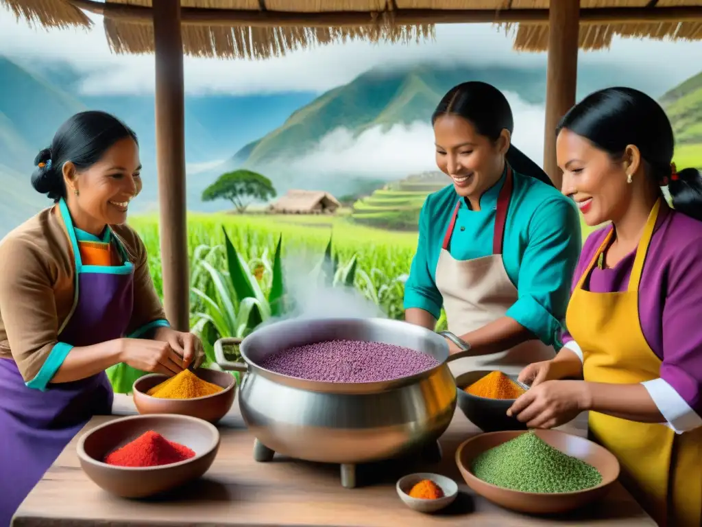 Un grupo de chefs indígenas peruanos en una cocina tradicional, preparando recetas con ingredientes locales