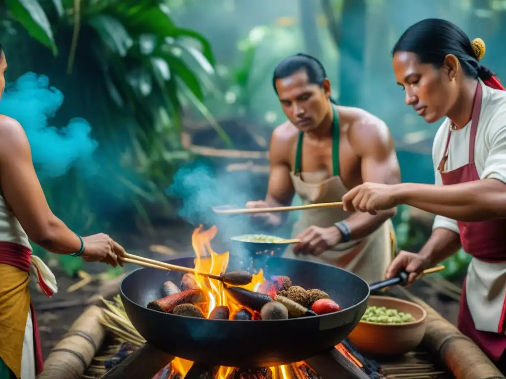 Un grupo de chefs indígenas preparan Juane plato típico amazónico en el Festival del Juane en la selva