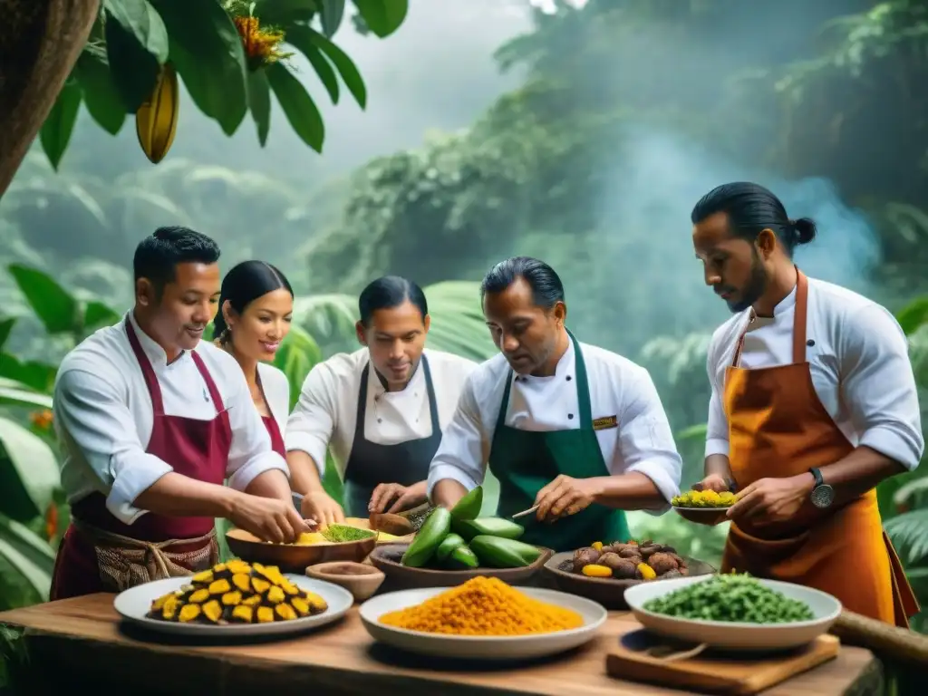 Un grupo de chefs indígenas preparando platos amazónicos con ingredientes locales, en un escenario sostenible y tradicional en la selva