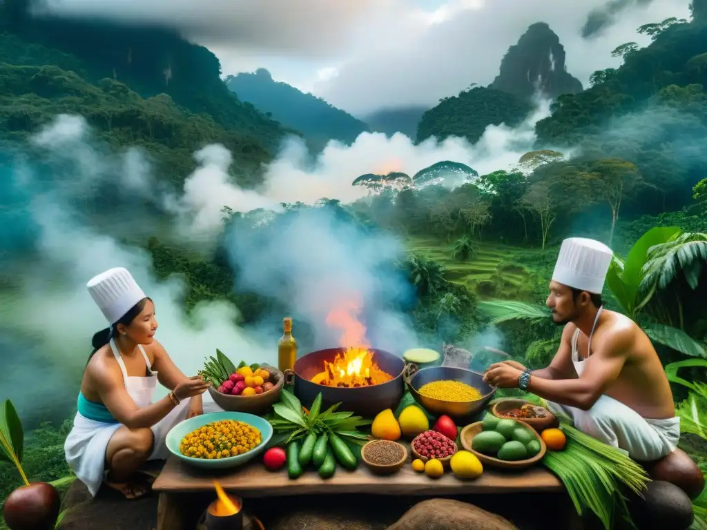 Chefs indígenas creando delicias amazónicas Un grupo de chefs indígenas preparando platos amazónicos con técnicas ancestrales en la exuberante selva