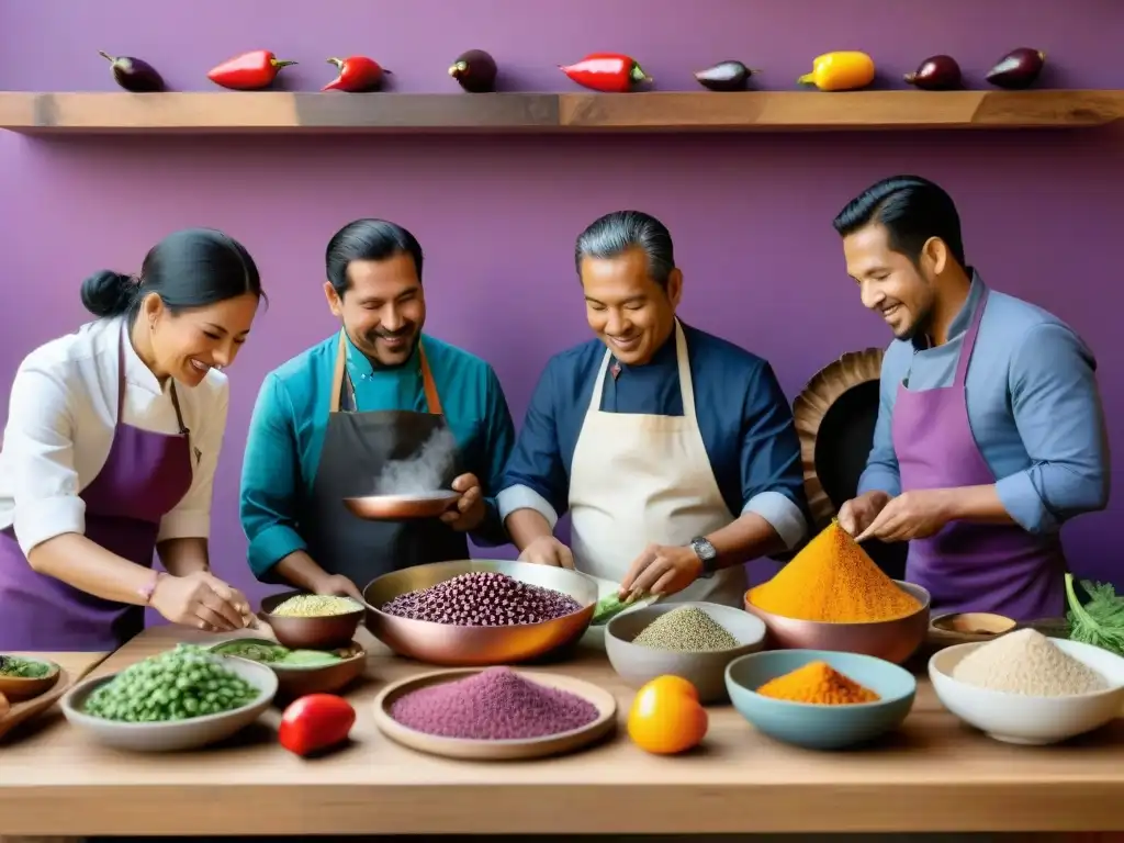 Un grupo de chefs peruanos apasionados preparando platos tradicionales con ingredientes exóticos, rodeados de libros de cocina ancestral peruana