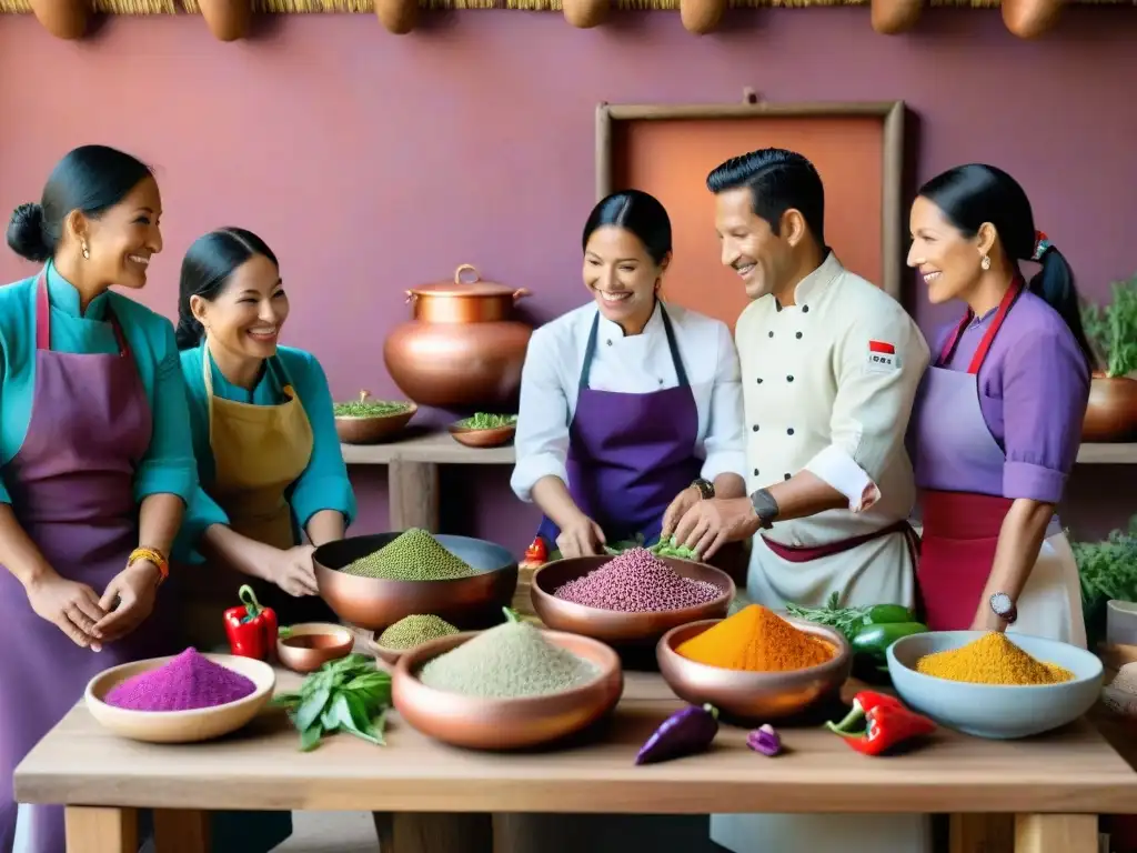 Un grupo de chefs peruanos en atuendos andinos discuten apasionadamente sobre gastronomía peruana ingredientes autóctonos