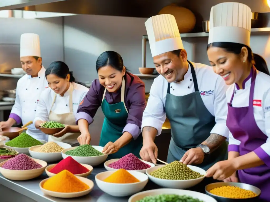 Cocineros peruanos crean juntos platos tradicionales con pasión y orgullo Grupo de chefs peruanos en cocina comunitaria, preparando platos típicos con ingredientes coloridos