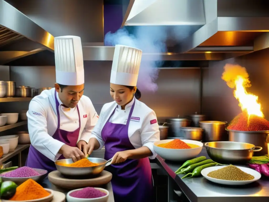 Grupo de chefs peruanos en una cocina vibrante, destacando la importancia de ingredientes autóctonos en la gastronomía peruana