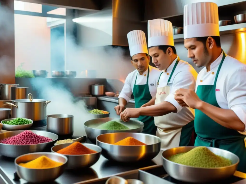 Maestros peruanos en acción: pasión culinaria en un vibrante ambiente Grupo de chefs peruanos en una cocina colorida y vibrante, concentrados en sus tareas culinarias