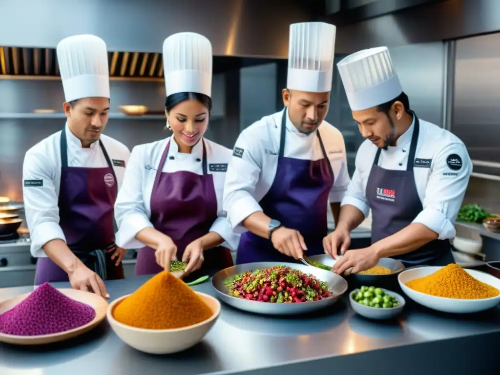 Un grupo de chefs peruanos en una cocina moderna preparando platos tradicionales con un toque contemporáneo