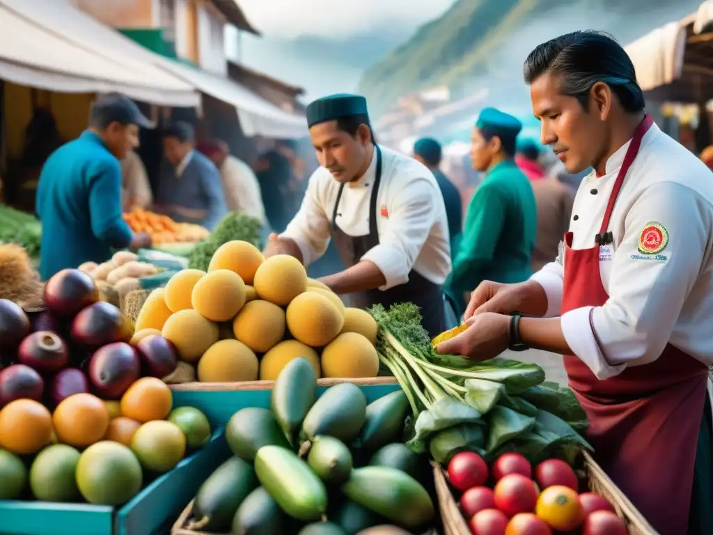 Un grupo de chefs peruanos examina con detalle ingredientes endémicos en un bullicioso mercado local, conservando la gastronomía peruana