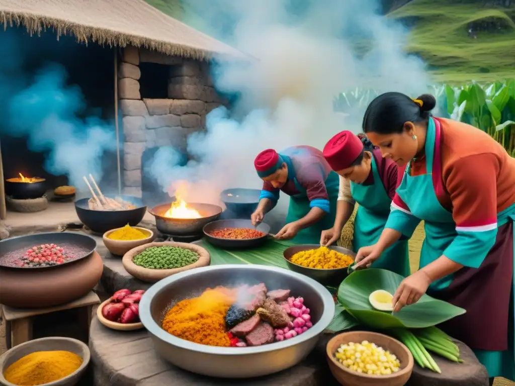 Un grupo de chefs peruanos prepara con esmero una tradicional Pachamanca