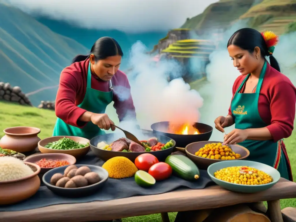 Grupo de chefs peruanos preparando Pachamanca en festival, con colores vibrantes y expresiones concentradas