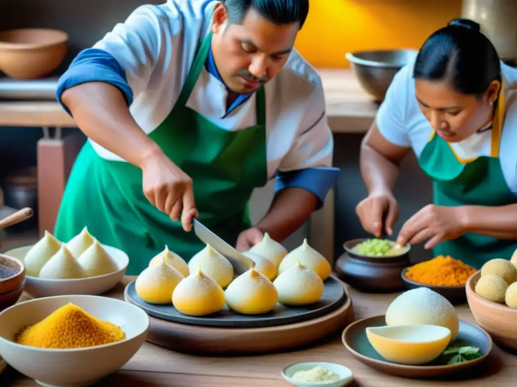 Un grupo de chefs peruanos prepara Gastronomía peruana Conchas a la Parmesana con técnicas ancestrales y vestimenta tradicional