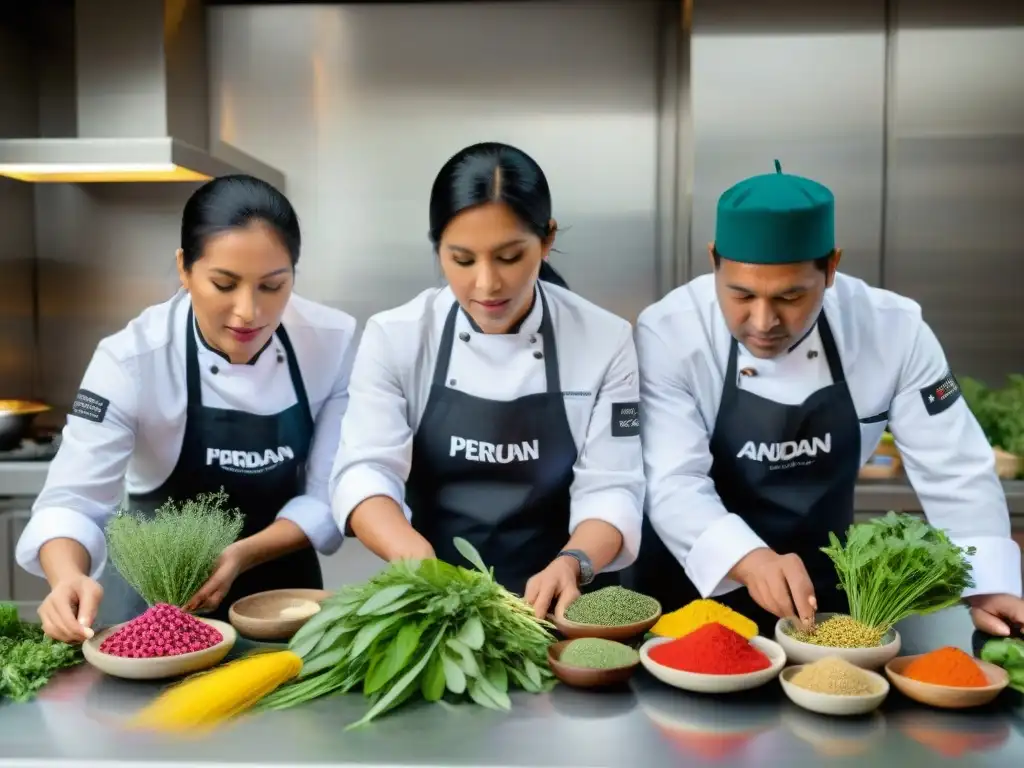 Un grupo de chefs peruanos innovando con hierbas andinas en una cocina moderna