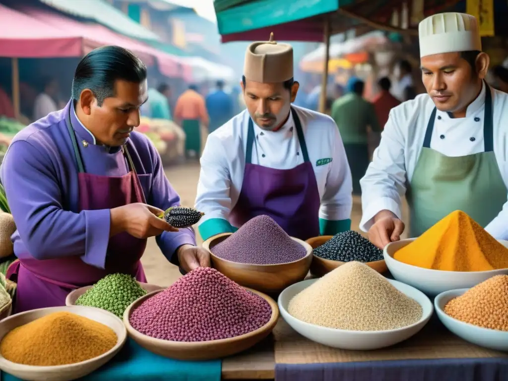 Grupo de chefs peruanos seleccionando ingredientes nativos en mercado local, conservación ingredientes endémicos gastronomía peruana