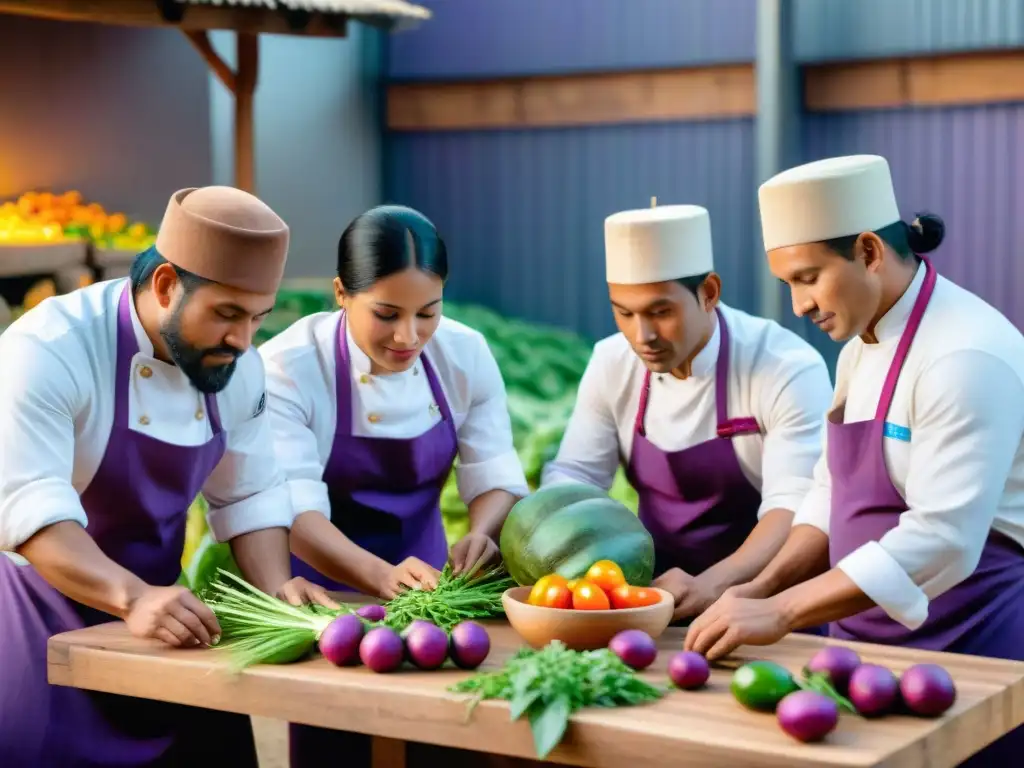 Grupo de chefs peruanos autenticando ingredientes con blockchain, destacando autenticidad culinaria