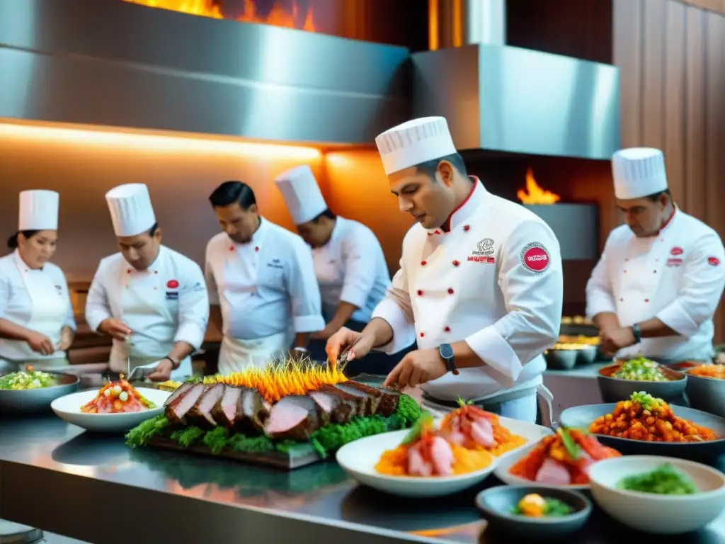 Un grupo de Chefs peruanos innovadores reconocidos mundialmente creando platos vanguardistas en una cocina moderna