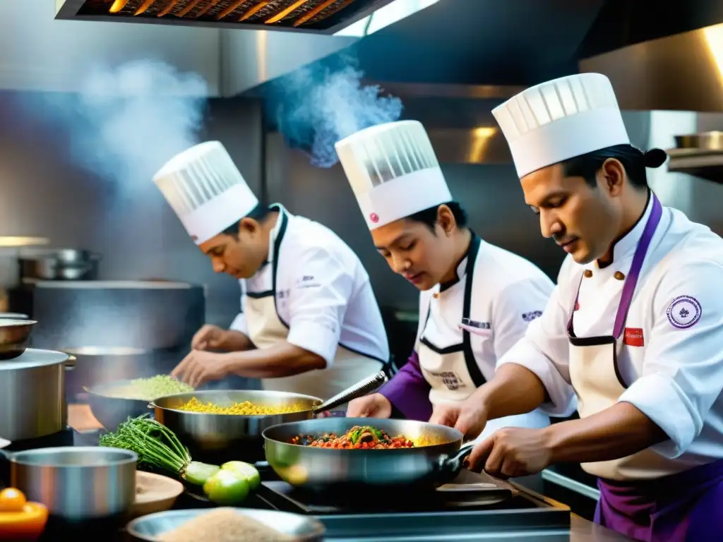 Grupo de Chefs peruanos innovadores reconocidos mundialmente creando platos innovadores en una cocina limeña vibrante con ingredientes tradicionales