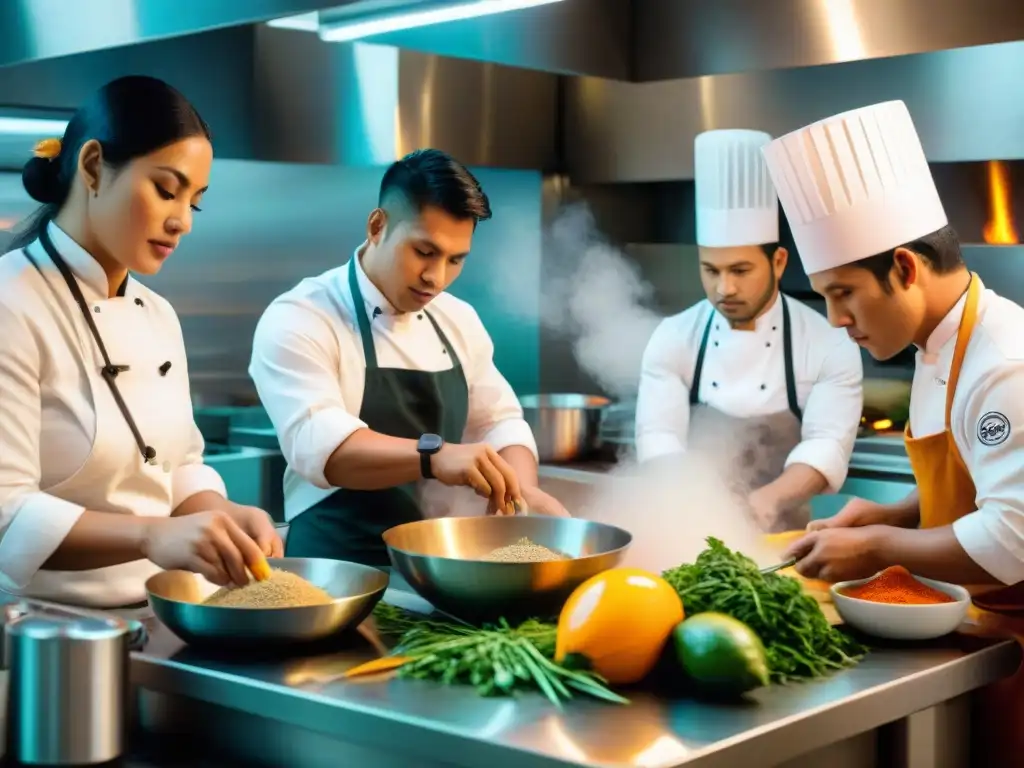 Un grupo de chefs peruanos jóvenes talentos preparando platos con un toque moderno en una cocina bulliciosa