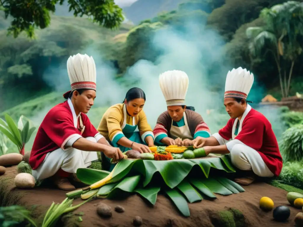 Un grupo de chefs peruanos preparando con orgullo una receta tradicional pachamanca al aire libre, rodeados de naturaleza exuberante