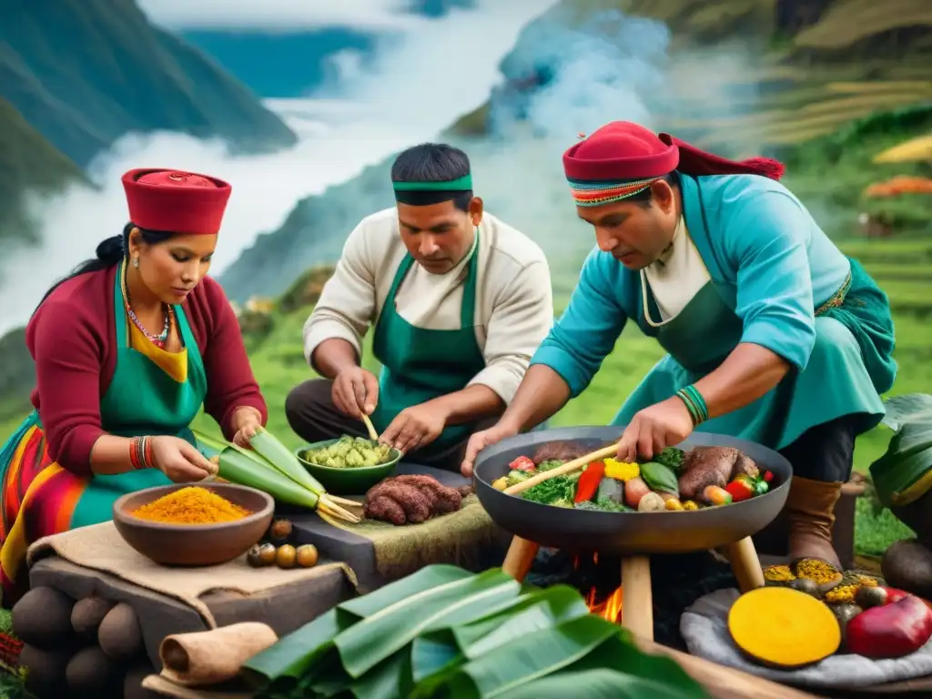 Un grupo de chefs peruanos preparando una Pachamanca tradicional al aire libre: tradición gastronomía peruana