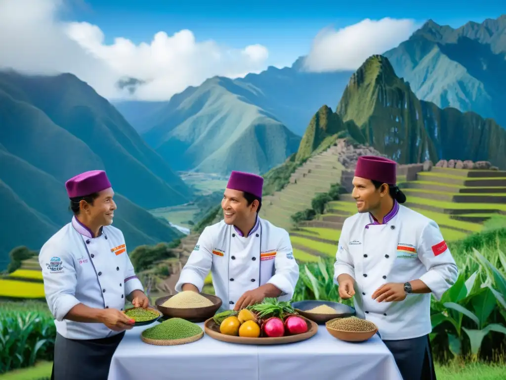 Un grupo de chefs peruanos en paisaje exuberante, discutiendo sobre ingredientes endémicos