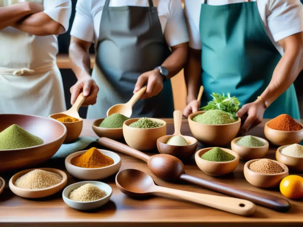 Un grupo de chefs peruanos discuten con pasión alrededor de una mesa de madera, cada uno con una cuchara tradicional en mano