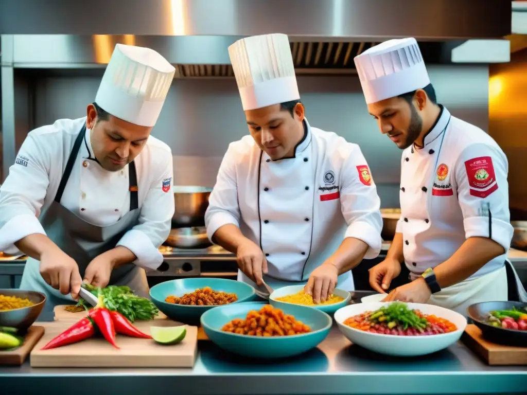 Un grupo de chefs peruanos preparando platillos tradicionales con pasión en una cocina profesional en el extranjero