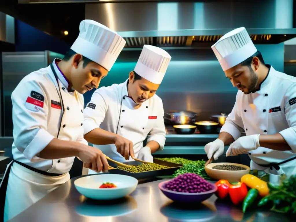 Un grupo de chefs peruanos prepara platillos tradicionales con ingredientes autóctonos en una cocina moderna