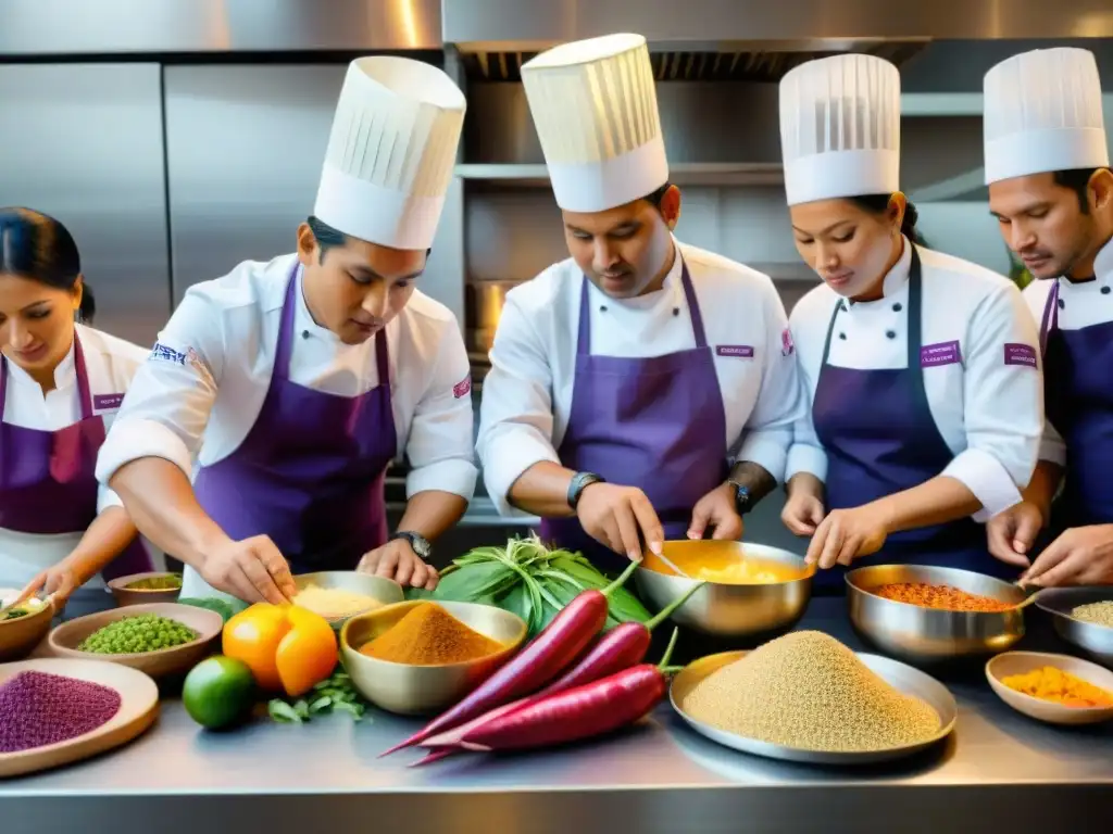 Un grupo de chefs peruanos preparando platos coloridos con ingredientes autóctonos