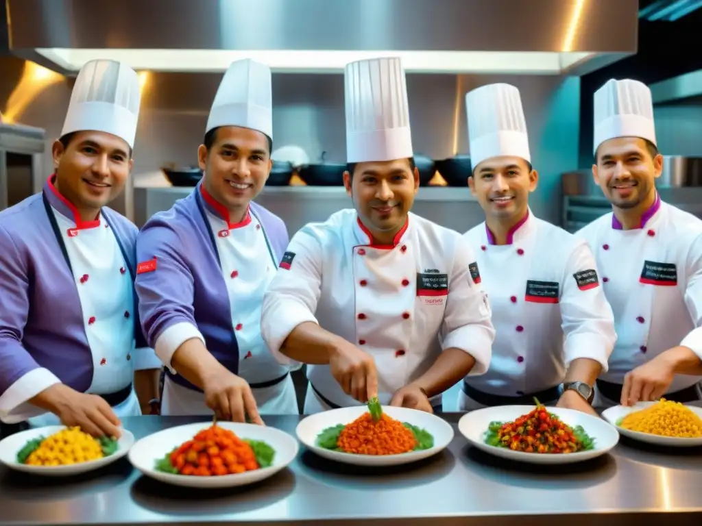 Jóvenes chefs peruanos: tradición e innovación en la cocina Grupo de chefs peruanos influencia gastronomía creando platos tradicionales con un toque contemporáneo en cocina moderna