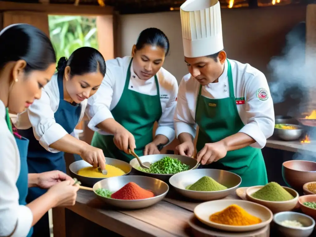 Grupo de chefs peruanos preparando platos ancestrales en una cocina rústica