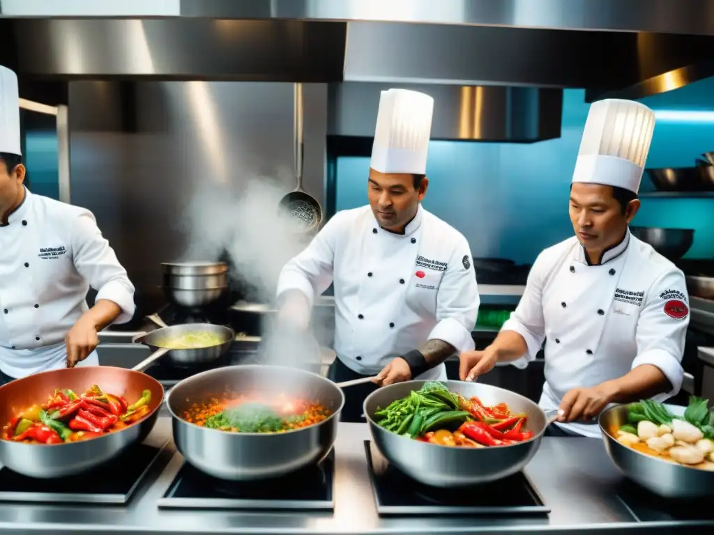 Un grupo de chefs peruanos preparando la receta de Pescado a lo Macho en una cocina bulliciosa, expertos y concentrados