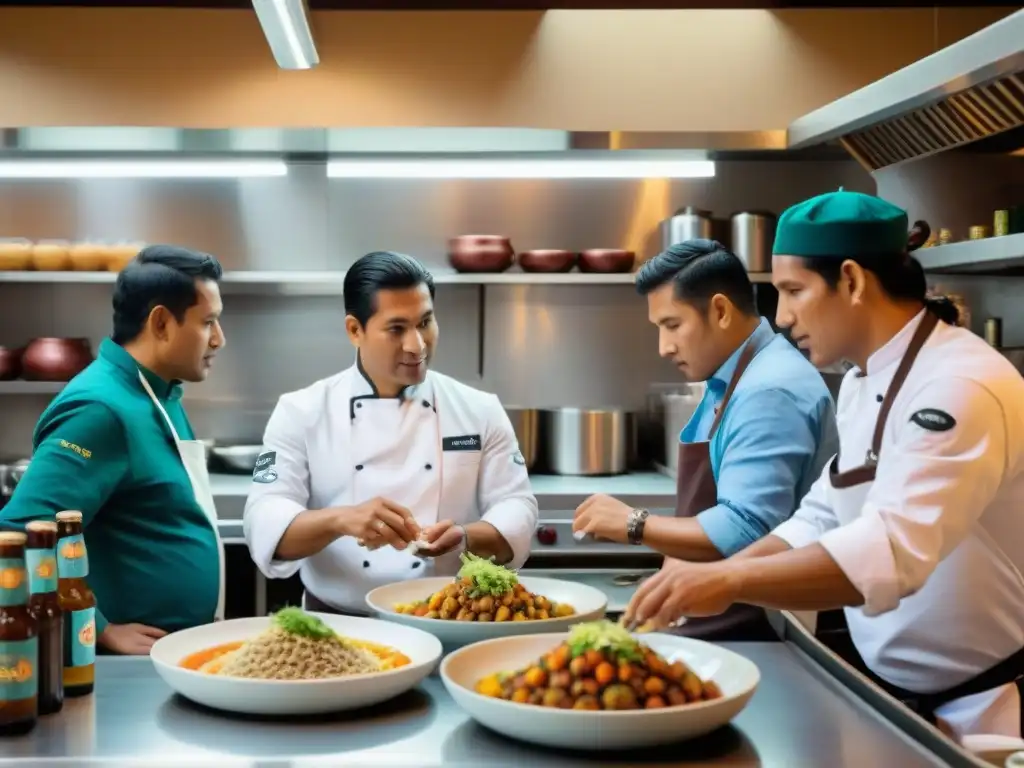 Un grupo de chefs peruanos discute creativamente recetas innovadoras con cervezas artesanales peruanas en una cocina bulliciosa