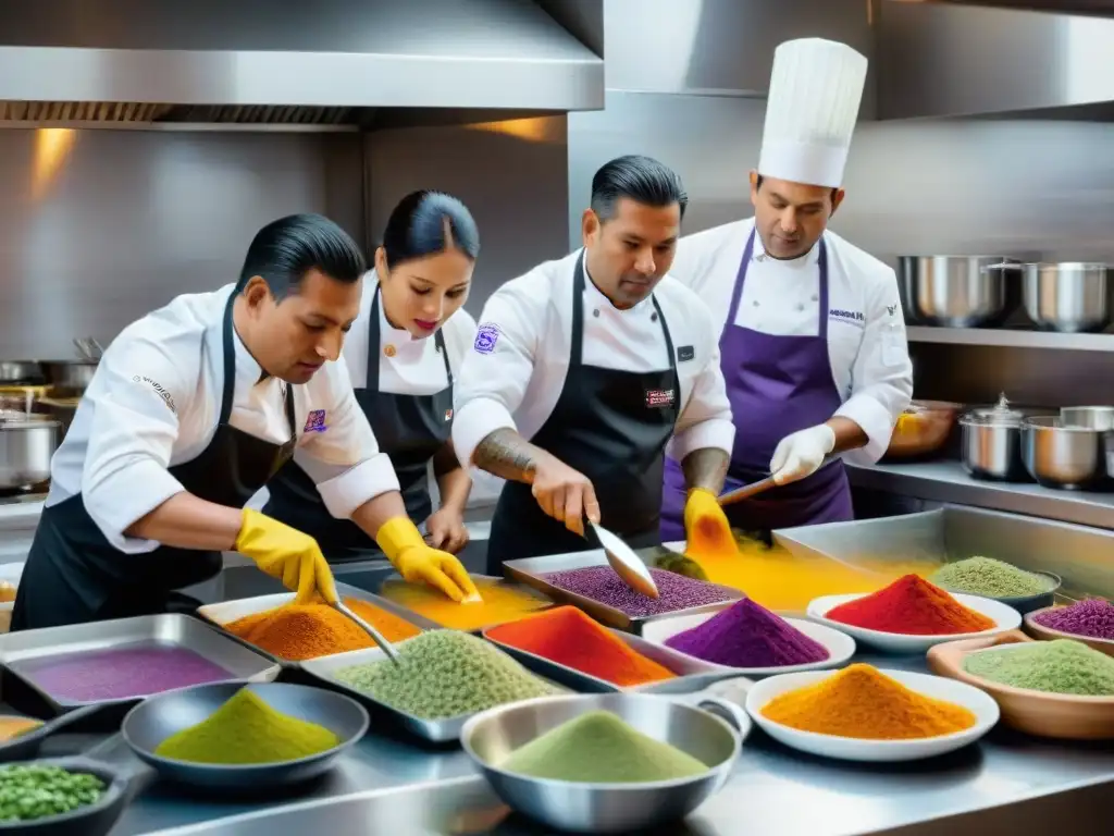 Chefs peruanos creando salsas innovadoras con pasión Un grupo de chefs peruanos creando salsas innovadoras en una cocina bulliciosa, rodeados de ingredientes vibrantes