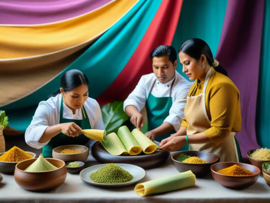 Un grupo de chefs peruanos presenta tamales coloridos y detallados en una presentación del Tamal Peruano