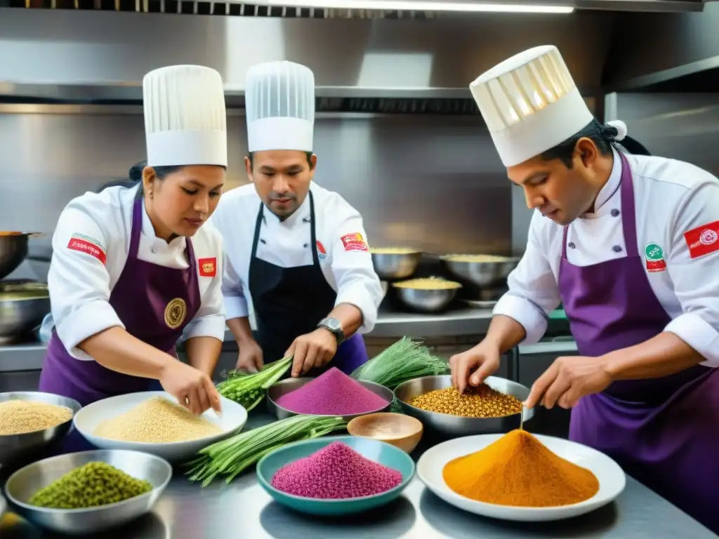 Un grupo de chefs peruanos en trajes tradicionales trabajan con pasión en una cocina llena de ingredientes autóctonos como maíz morado, quinua y ajíes