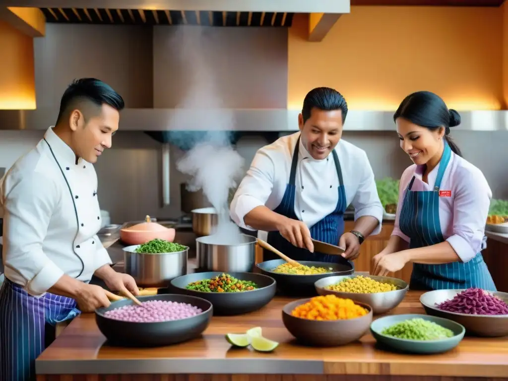 Un grupo de chefs peruanos en trajes tradicionales preparando platillos típicos con ingredientes autóctonos en una cocina bulliciosa