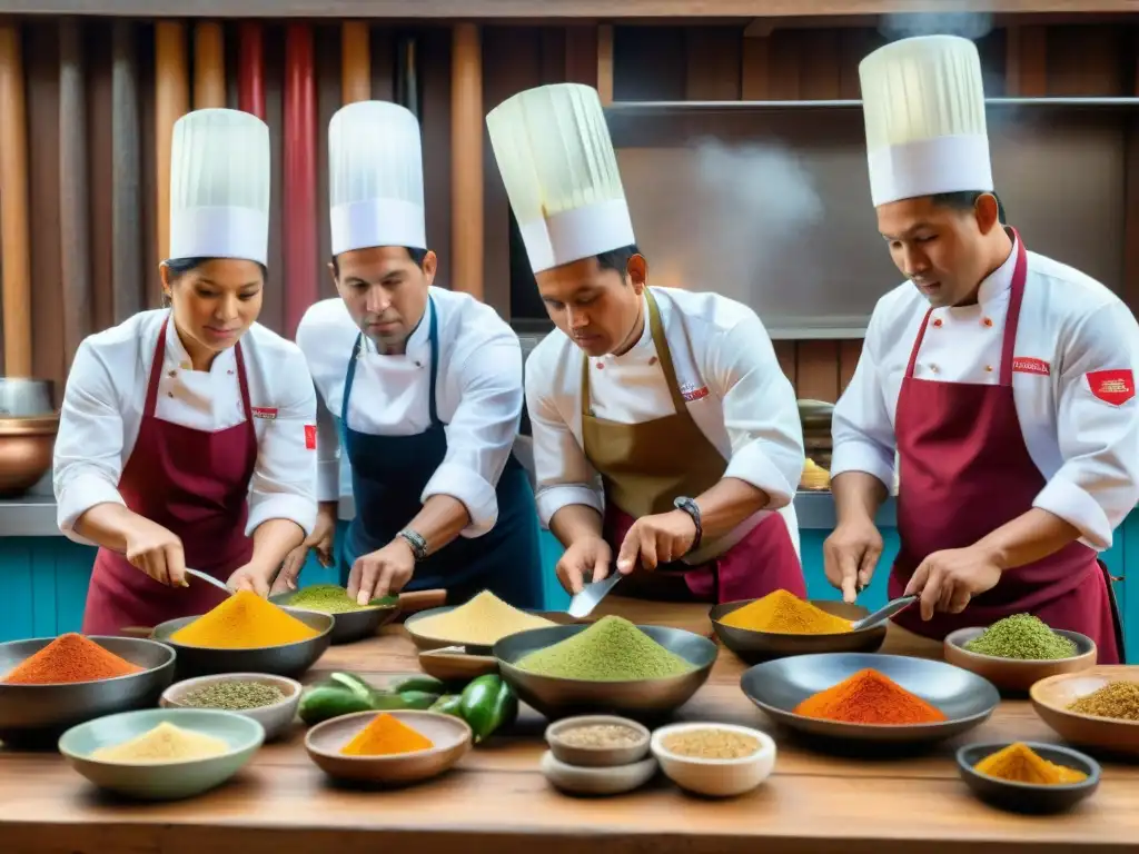 Un grupo de chefs peruanos en trajes tradicionales preparando platos peruanos influenciados por la guerra en una cocina rústica