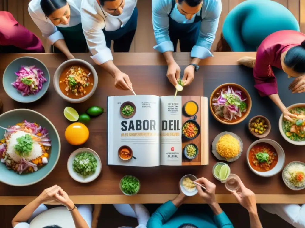 Un grupo de chefs peruanos en trajes tradicionales discuten un libro de 'Sabores del Perú' rodeados de platillos peruanos mientras un mapa de Perú decora la pared