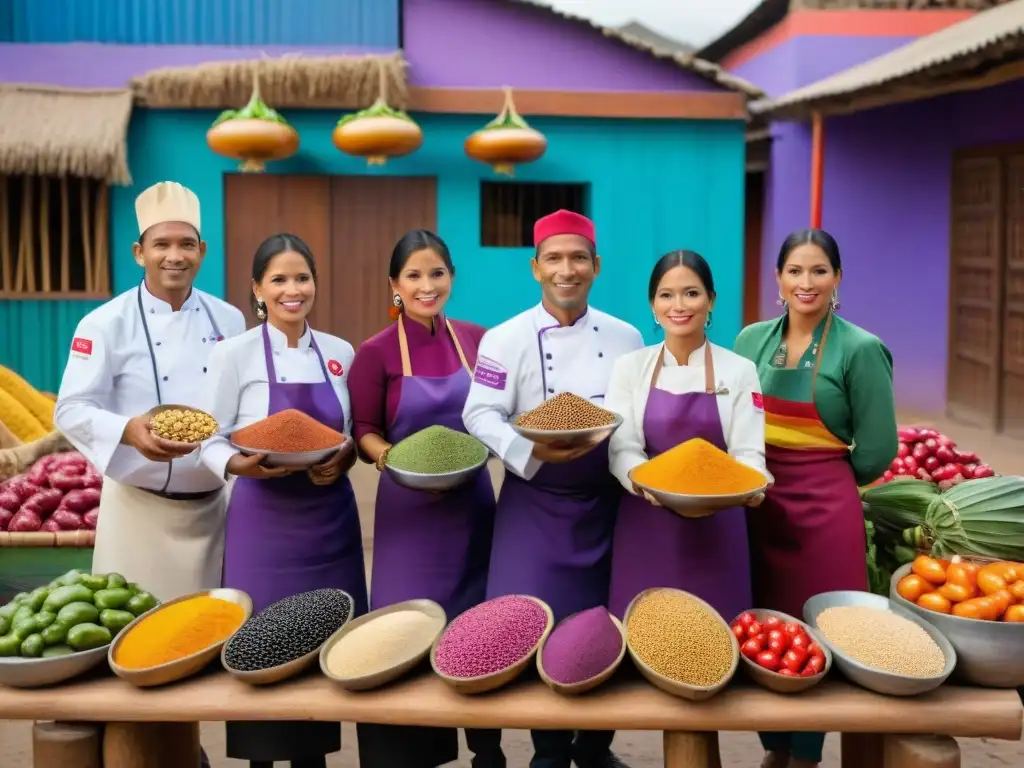 Un grupo de chefs peruanos en trajes tradicionales exhiben ingredientes autóctonos en un mercado vibrante