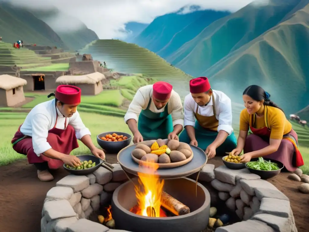 Grupo de chefs peruanos en trajes andinos preparando receta tradicional Pachamanca Perú