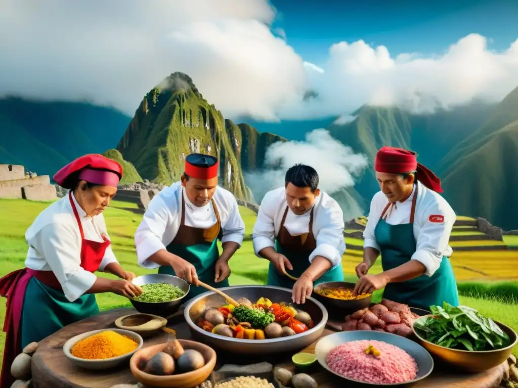 Un grupo de chefs peruanos en trajes tradicionales preparando meticulosamente un festín de Pachamanca en el campo