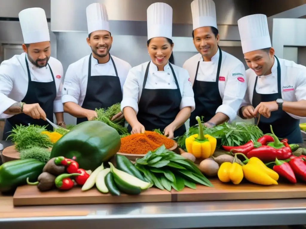 Un grupo de chefs preparando platos peruanos en una cocina bulliciosa, rodeados de ingredientes exóticos