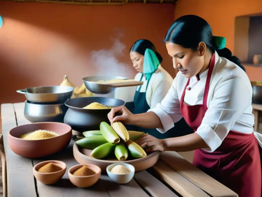 Un grupo de chefs prepara tamales en una cocina peruana tradicional con un toque moderno, fusionando tradición y modernidad