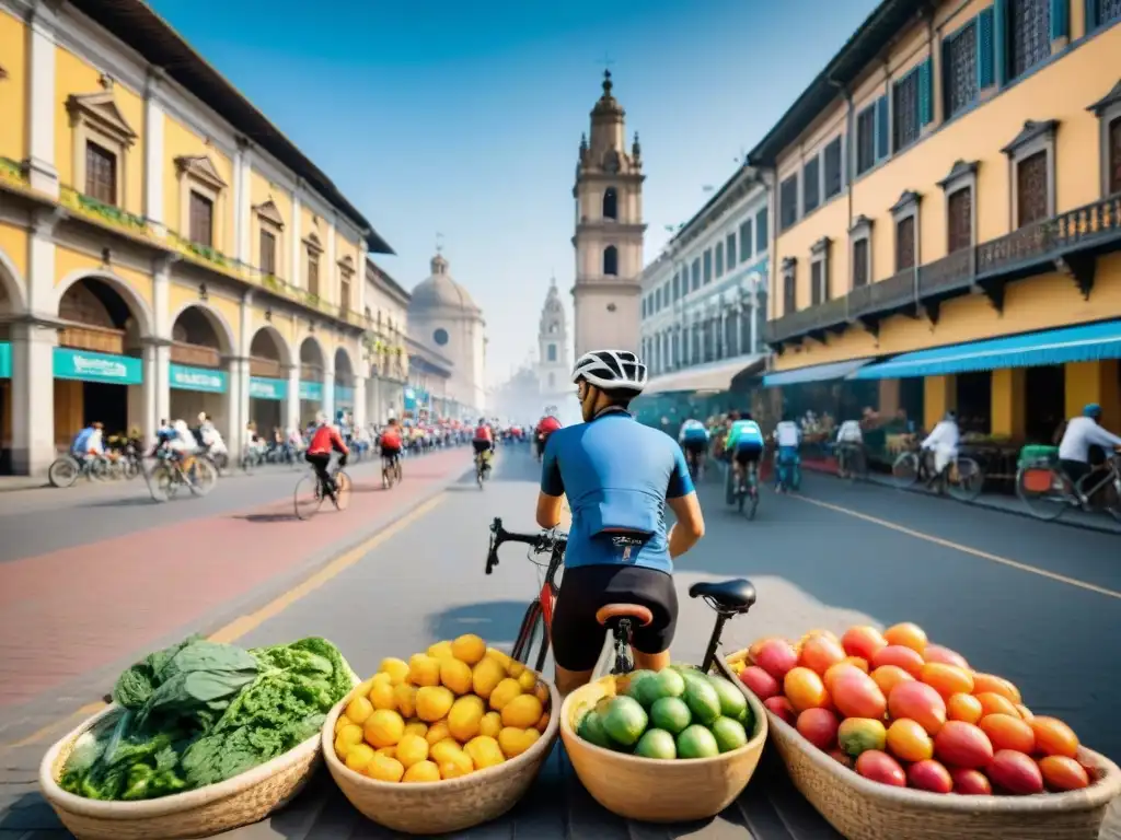 Un grupo de ciclistas recorriendo Lima, disfrutando de la Gastronomía peruana en bicicleta entre mercados coloridos y paisajes icónicos